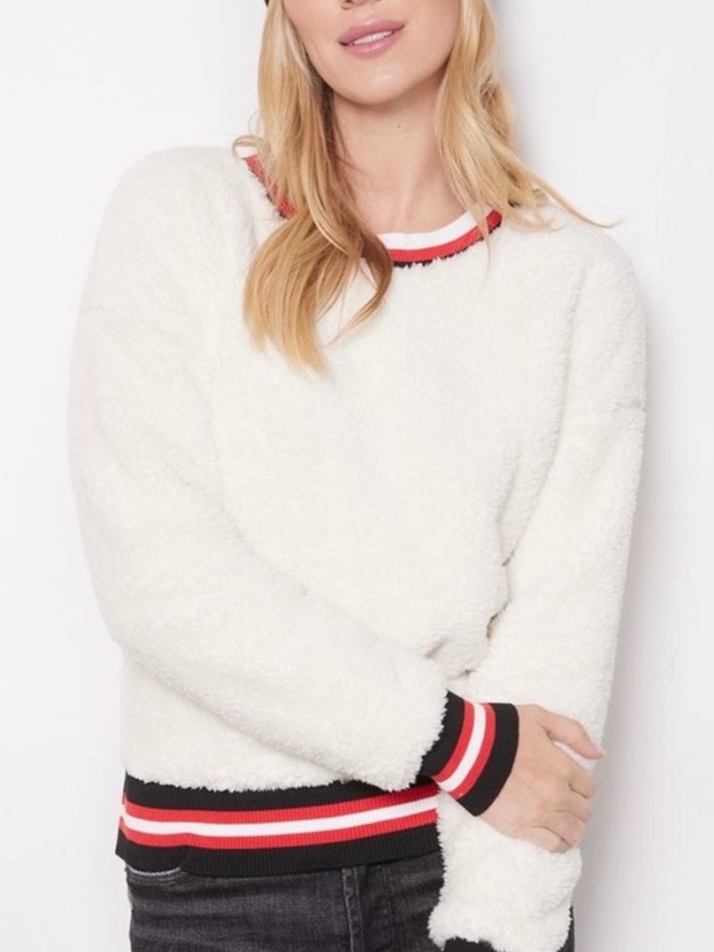 Evereve White Fleece Crew Sweater with Red & Black Stripe Trim